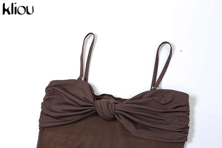 kliou Malha Suspendência Mulheres Maxi Vestido Sexy Ver Através Amarrado Patchwork Gola Baixa Sem Encosto Bodycon Feminino Moda Festa Vestidos