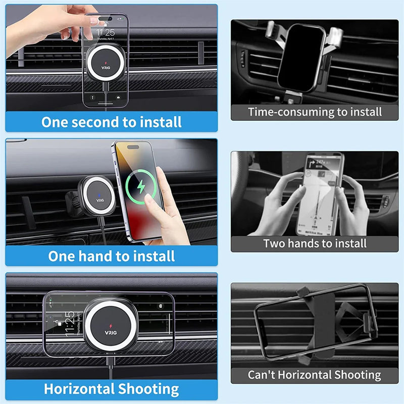 Suporte Magnético para Carro com Carregador Sem Fio VRIG para iPhone 14 13 12 Series com Carregamento Rápido na Ventoinha