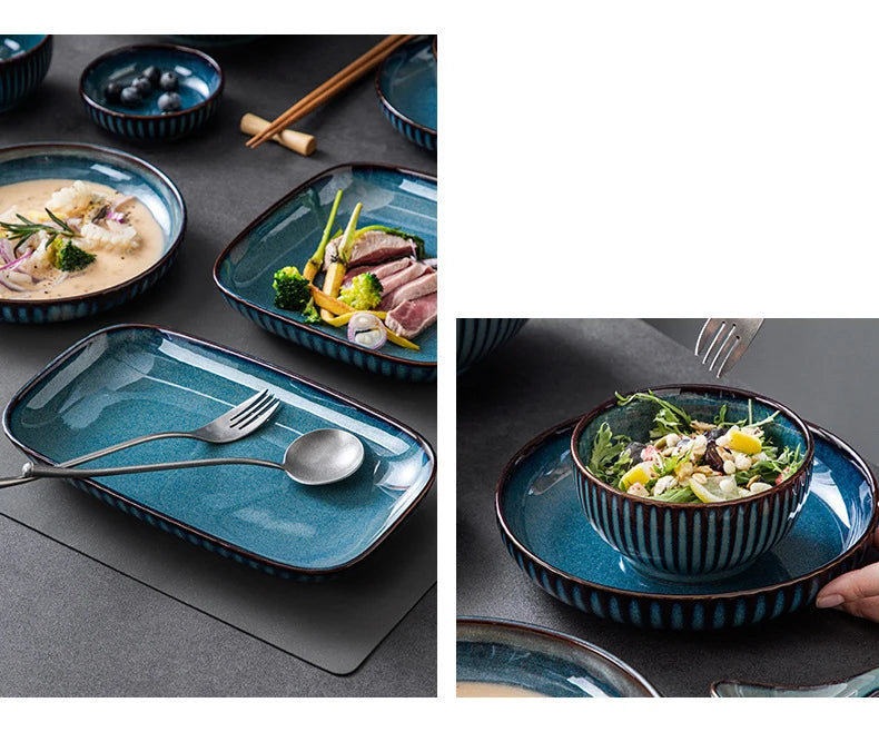 Pratos de cerâmica vitrificada em forno azul, pratos de jantar para micro-ondas, tigelas de salada de arroz redondas, talheres domésticos