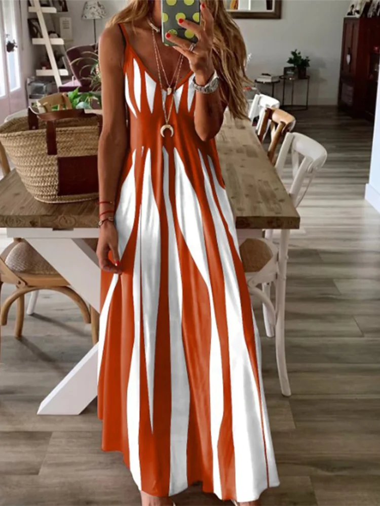 Sexy Vestido Sem Mangas Mulheres Preto Branco Listrado Impresso Vestidos Longos Verão Casual Férias Vestido de Festa Robe