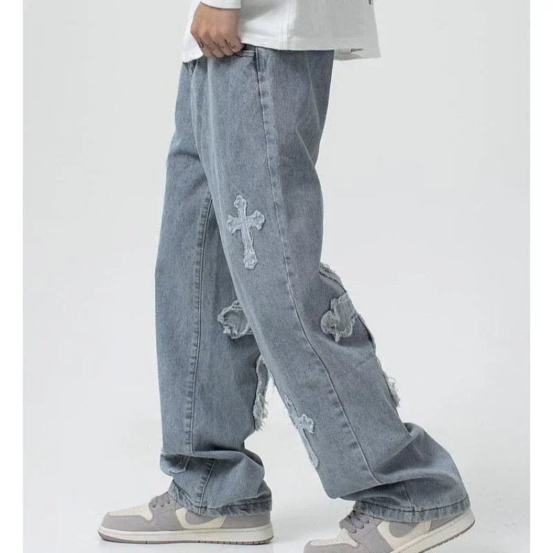 Calças da moda outono calças jeans cruzadas streetwear hip hop cintura baixa jeans largas para coreano Y2k calças cargo femininas