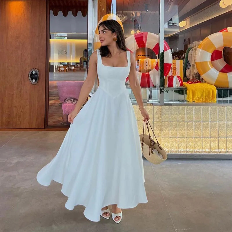 Elegante Branco Plissado A Linha Grande Hem Vestido de Festa Moda Feminina Slash Neck Slim Backless Vestidos 2025 Vestes Femininas Do Clube Verão