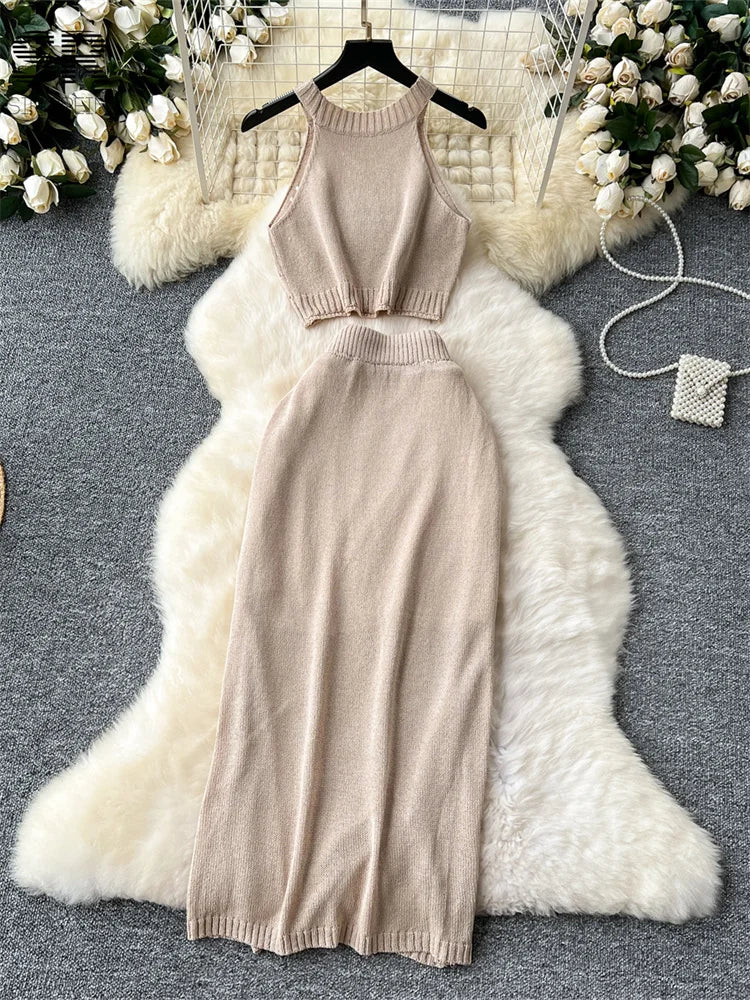 SINGREINY Verão Suave Malha 2 pcs Conjuntos Mulheres Halter Sem Mangas Camis + Bodycon Split Saia Com Cordão Oco Out Ternos De Férias