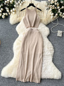 SINGREINY Verão Suave Malha 2 pcs Conjuntos Mulheres Halter Sem Mangas Camis + Bodycon Split Saia Com Cordão Oco Out Ternos De Férias