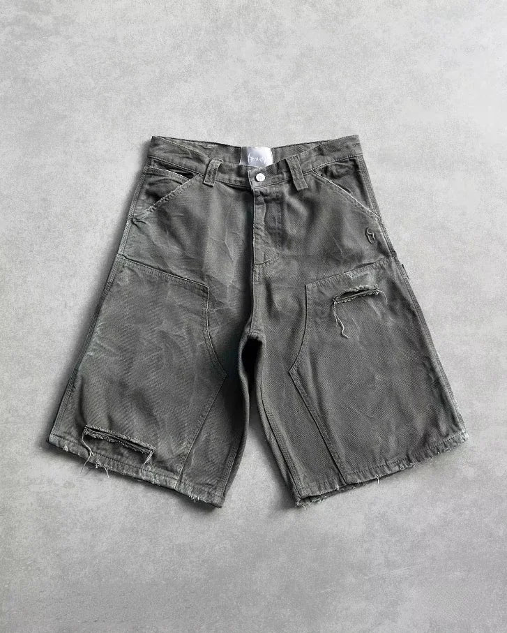 Shorts Jeans com Estampa de Grafite de Geometria Gótica Retro Americana Homens Mulheres Y2k Cintura Baixa Folgada na Altura do Joelho Jorts Curto