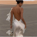 Sexy fita branca de seda cetim estilingue vestido para as mulheres elegante swing colarinho backless vestidos longos 2025 mulheres novo praia férias robe