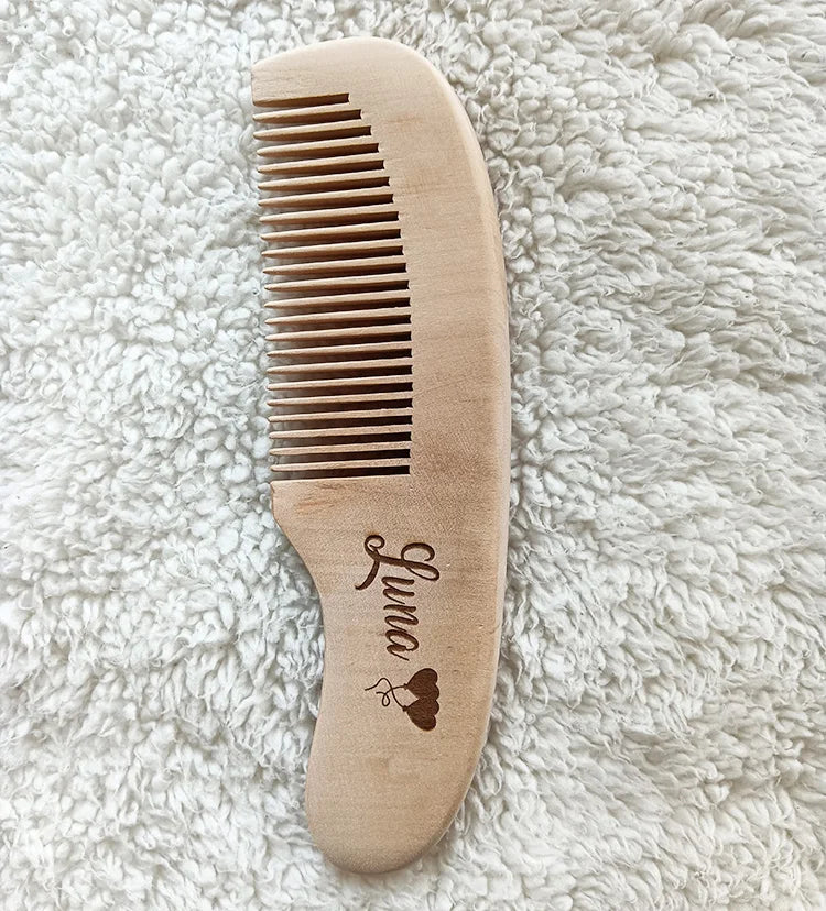 Escova de Cabelo para Bebê Personalizada, Pente de Madeira com Lã Natural, Massageador Gravado para Recém-nascido, Presente de Chá de Bebê e Lista de Presentes