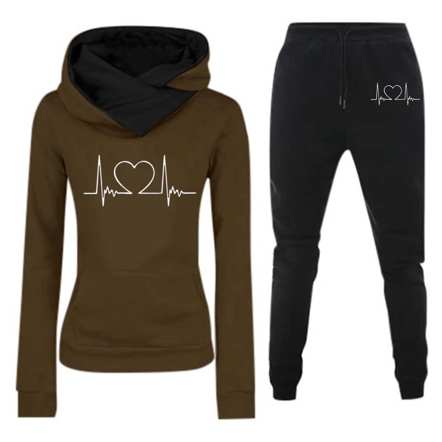 Mulheres Moletom Outono/Inverno Batimentos Cardíacos Frequência Impresso Veludo Moletom com Capuz Conjunto Casual