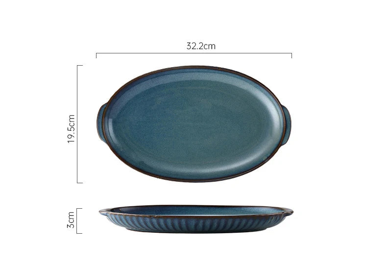 Pratos de cerâmica vitrificada em forno azul, pratos de jantar para micro-ondas, tigelas de salada de arroz redondas, talheres domésticos