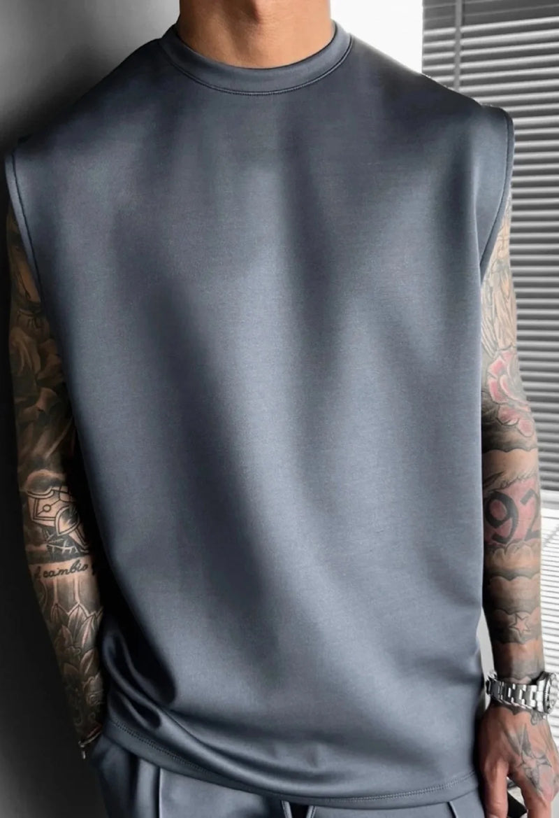 2025 Verão novo masculino moda esportiva calças casuais colete conjunto solto sem mangas T-shirt conjunto de cor sólida