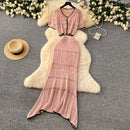 SINGREINY Verão Suave Ternos de Tricô Mulheres Botão Design Manga Curta O Pescoço Tops + Bodycon Saia Gancho Flor Oco 2pcs Set