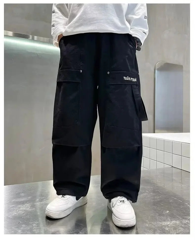 2024 Nova Primavera Outono Meninos Calças Calças Casuais de Perna Reta Grandes Crianças Calças Cargo Moda Cool Kids Roupas