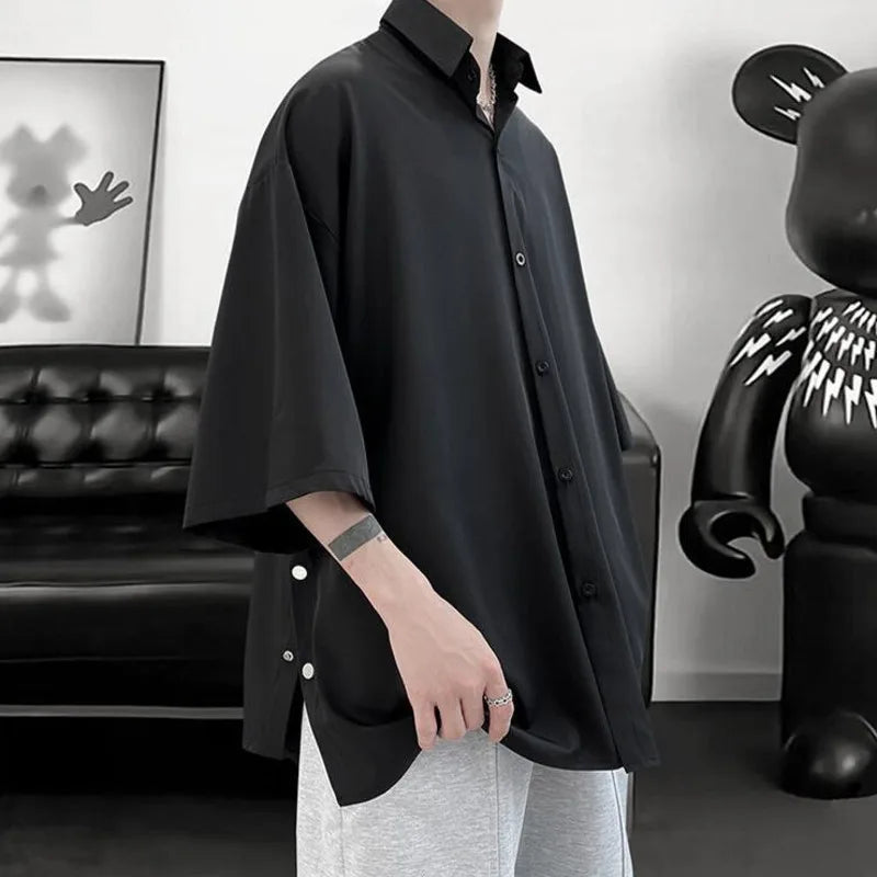 Camisa de manga curta de verão para homens de grandes dimensões preto branco camisa streetwear coreano solto camisas de seda de gelo dos homens camisa casual m-3xl