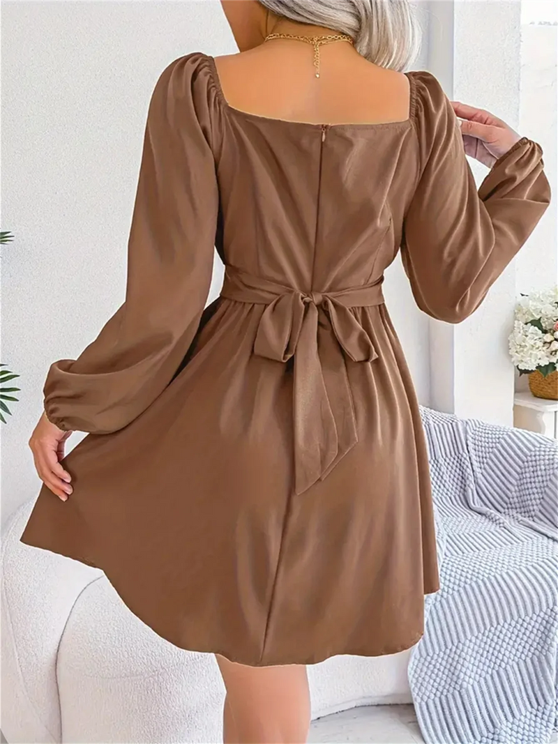 Vestido Casual Franzido com Decote Quadrado e Manga Longa com Acabamento em Babados para Primavera e Outono, Roupas Femininas