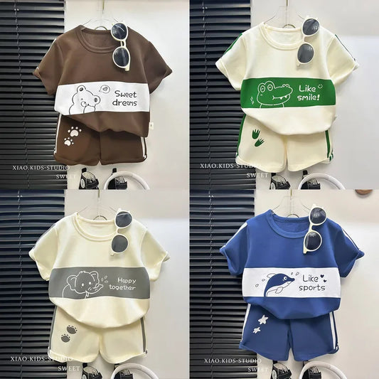 2024 Novo Terno de Manga Curta para Crianças Listrado Meninas Meninos Conjunto Tops de Verão + Roupas de Bebê Curtas para Uso Infantil