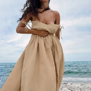 Vestido de cintura alta com suspensório respirável de algodão e linho Verão europeu e americano Novo estilo de férias saia longa para mulheres