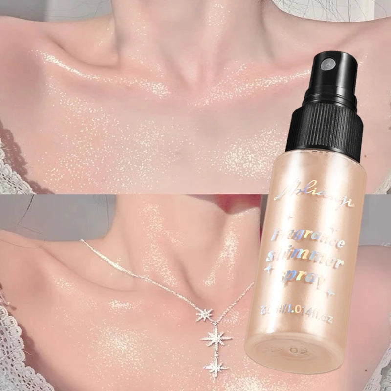 Spray Iluminador com Glitter Perolado, Óleo Loção, Iluminador Líquido para Rosto, Corpo, Pescoço e Cabelo, Brilho Duradouro para Maquiagem