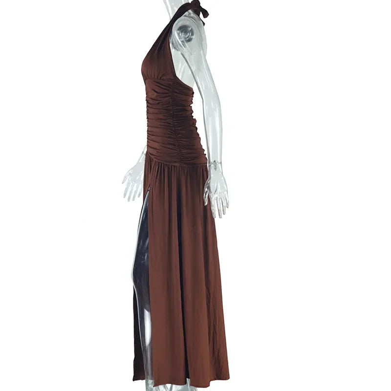Laxsesu Deep V-Neck Halter Vestido Mulher Verão Babados Splits Backless Elegante Patchwork Sólido Festa Coquete Sexy Vestidos