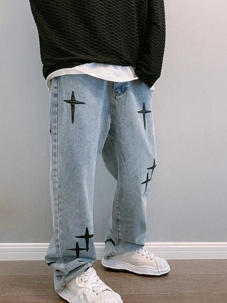 Estampas Jeans Homens 2023 Novo Streetwear Baggy Wide Leg Jeans Coreano Moda Cortinas Reta Casual Solta Denim Cargo Calças