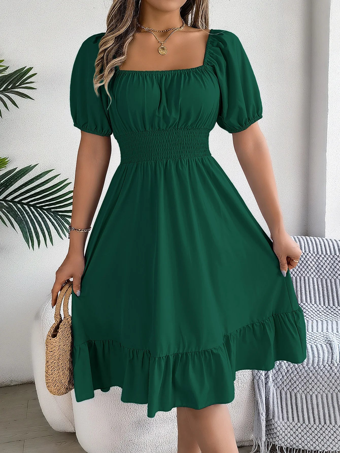 Mulheres Vestidos Pequenos 2024 Verão Casual Decote Quadrado Manga Curta Cintura Vestido de Borda com Babado Mulheres Elegante