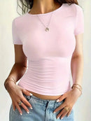 Camisetas Femininas Básicas Decote Redondo Manga Curta Tops Curtos Tops Fofos de Verão Camisetas Slim Fit Y2k Roupas 2024