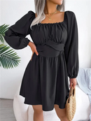 Vestido Casual Franzido com Decote Quadrado e Manga Longa com Acabamento em Babados para Primavera e Outono, Roupas Femininas