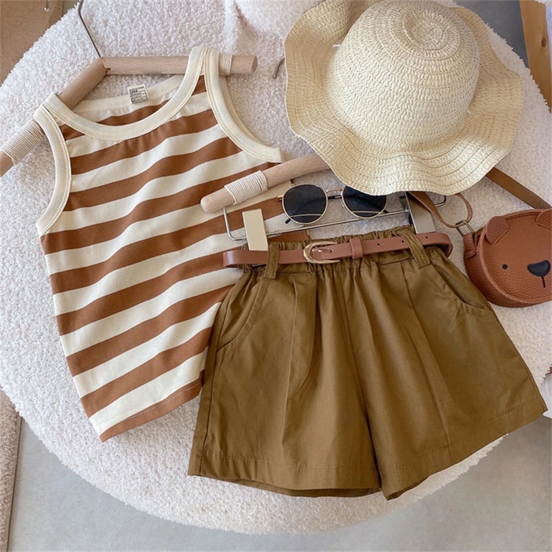 Conjunto Elegante e Casual para Meninas Líder Urso 2023 Verão Fino Listra Infantil Suspender Regata Shorts Conjunto de Duas Peças Roupas