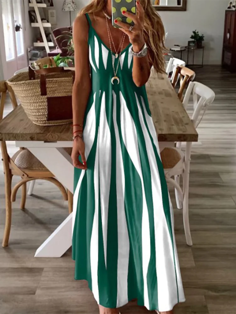 Sexy Vestido Sem Mangas Mulheres Preto Branco Listrado Impresso Vestidos Longos Verão Casual Férias Vestido de Festa Robe