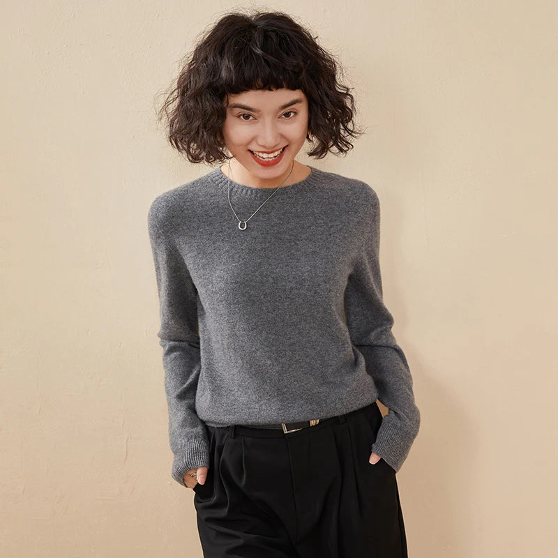 Pulôver feminino outono/inverno 100% puro suéter de caxemira casual suéter de malha gola redonda solto Tops básico versátil Blusa