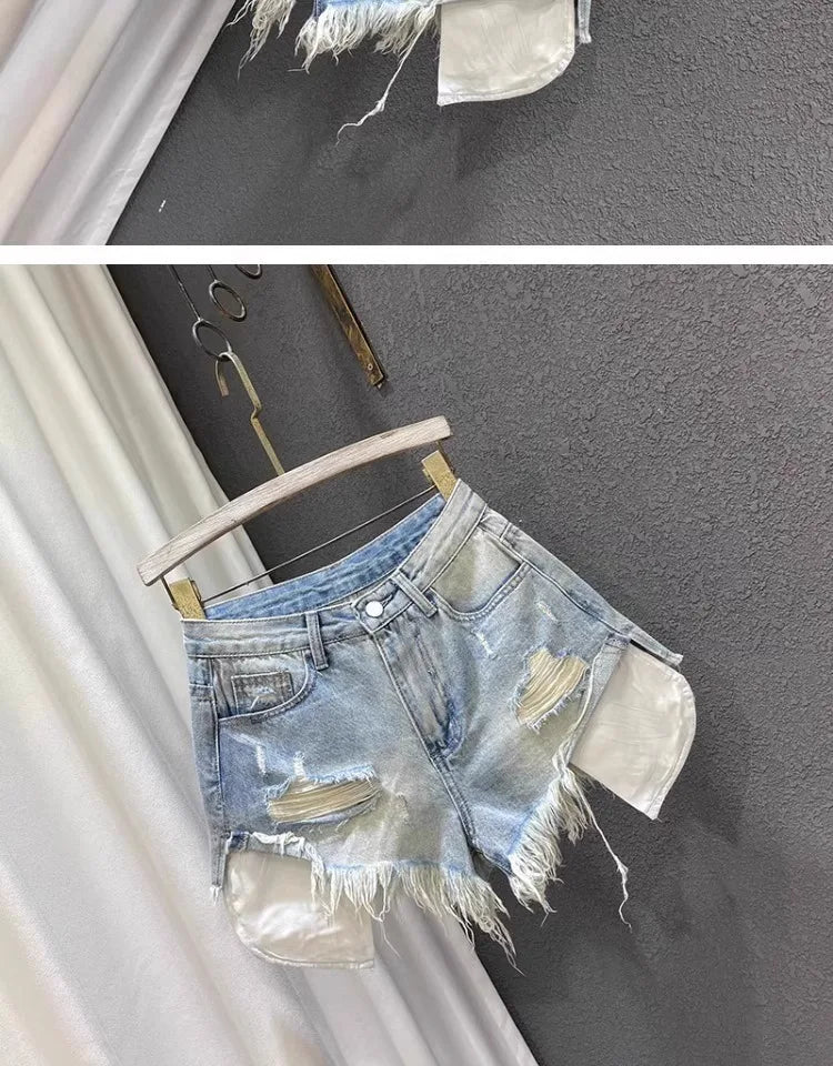 2025 Novas Mulheres Cintura Alta Buracos de cor clara Projetado Shorts Jeans Femininos em forma de A Jeans rasgados s-xl rosa azul