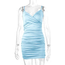 Fairyshely Sexy Ruffle Deep V Short Club Dress Senhoras 2024 Verão Azul Bodycon Vestidos Festa de Noite Mini Vestido Apertado