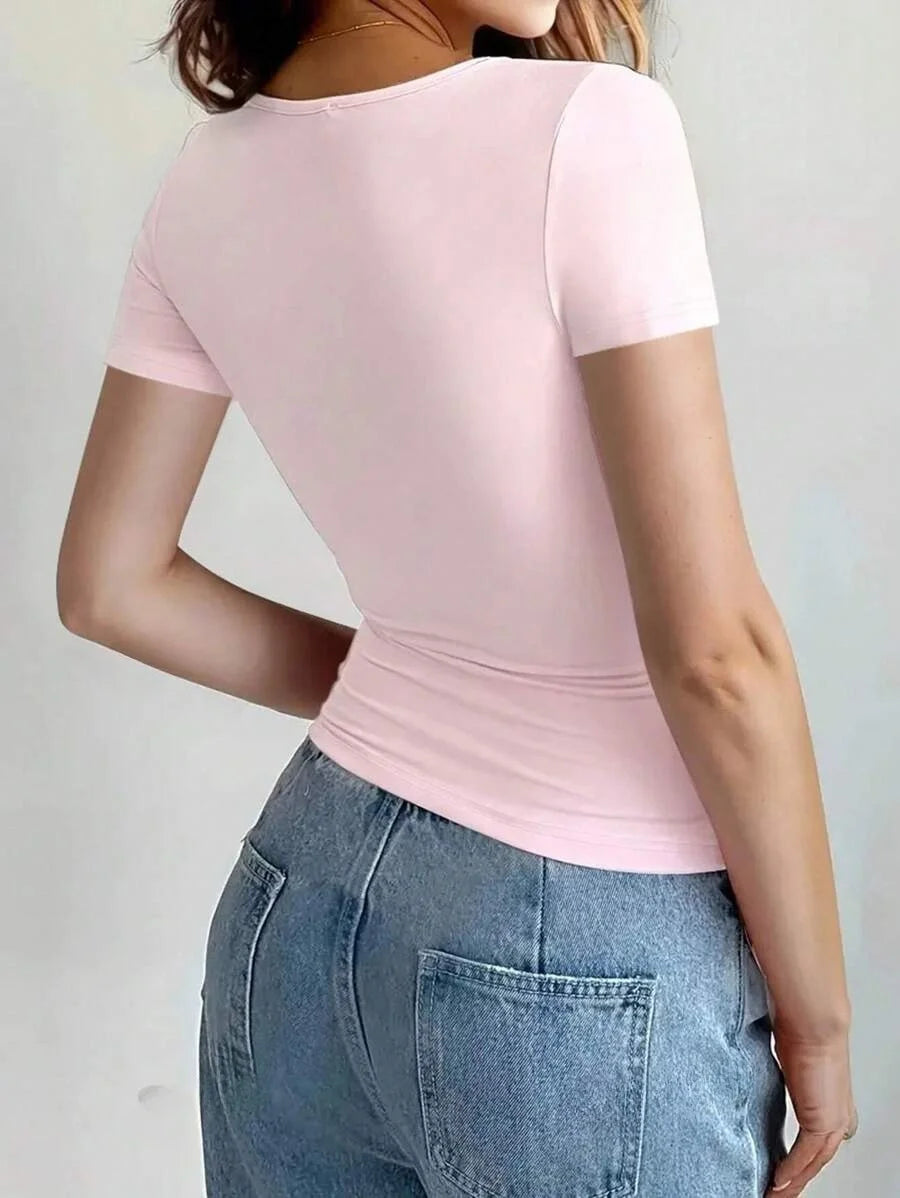 Camisetas Femininas Básicas Decote Redondo Manga Curta Tops Curtos Tops Fofos de Verão Camisetas Slim Fit Y2k Roupas 2024