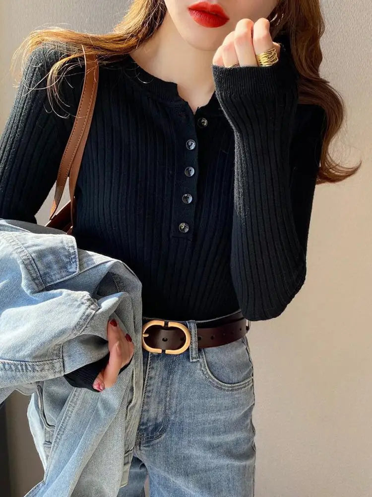 Suéter de malha feminina com decote em O Botão Pulôveres Primavera Outono Suéteres Básicos para Feminino Pulôver Slim Sólido Negrito Listradas Tops