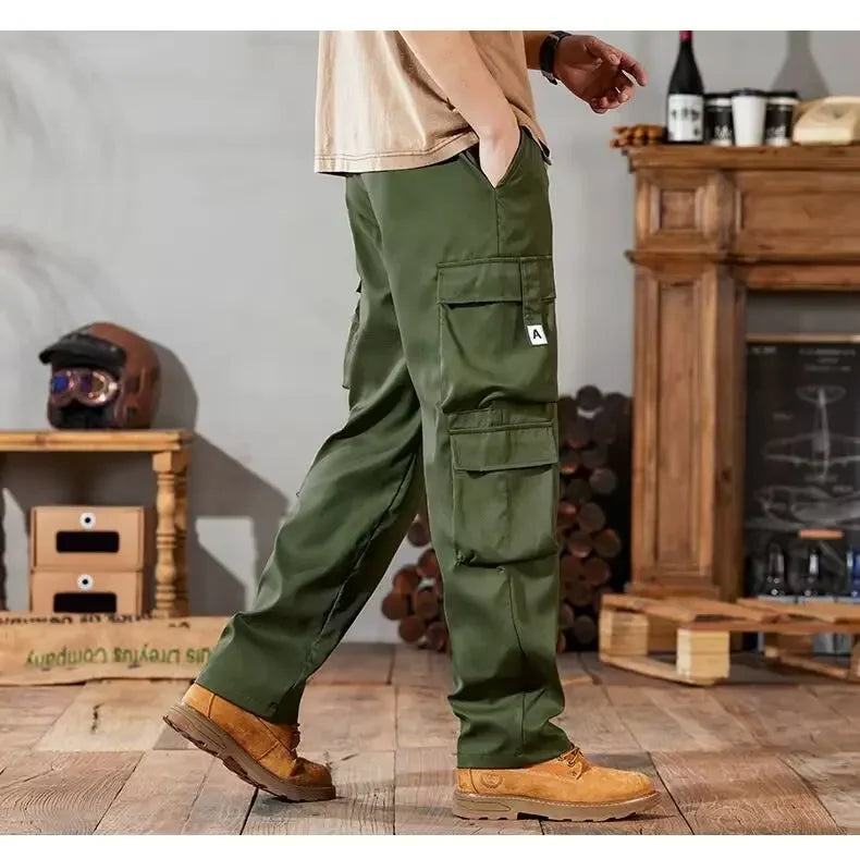 2024 Novas Calças Cargo Masculinas Soltas de Perna Reta Multi-Bolso Calças de Trabalho Vintage Calças Casuais Versáteis Modernas Primavera Outono