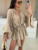 Elegante Plissado Vestido Curto Mulheres Solto Lace Up Manga Longa Flare V Neck Vestidos Feminino 2025 Primavera Oco Out Praia Robe Senhora