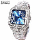 UNIGUET Relógio de Quartzo Azul Para Homens Moda Praça Iced Out Relógio Homem Hip Hop Diamante Jóias Relógio de Pulso Rock Boy Reloj Hombre