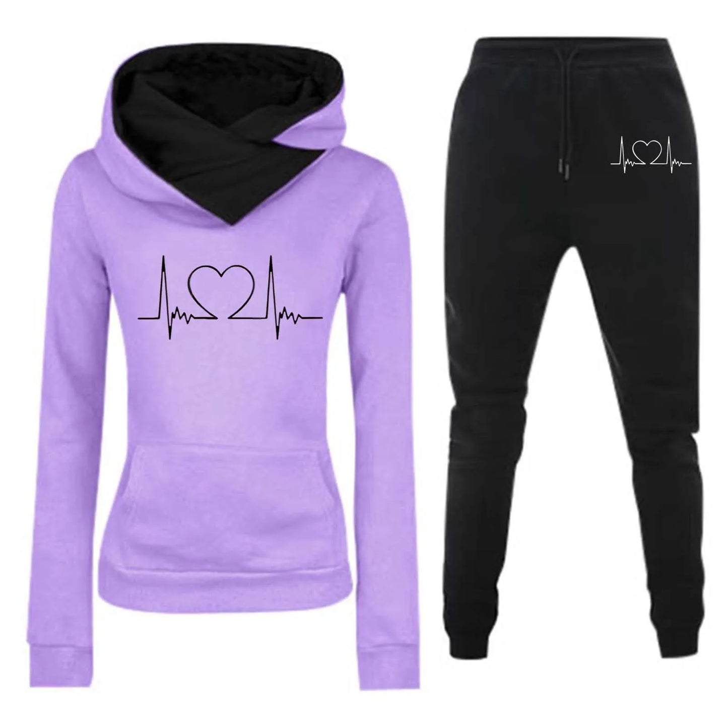 Mulheres Moletom Outono/Inverno Batimentos Cardíacos Frequência Impresso Veludo Moletom com Capuz Conjunto Casual