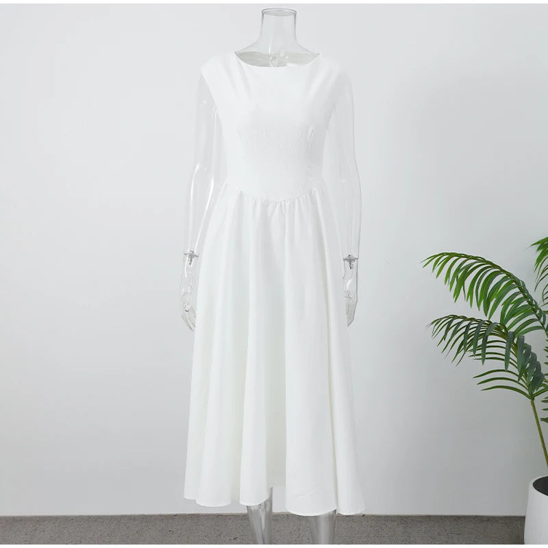 Elegante Branco Plissado A Linha Grande Hem Vestido de Festa Moda Feminina Slash Neck Slim Backless Vestidos 2025 Vestes Femininas Do Clube Verão