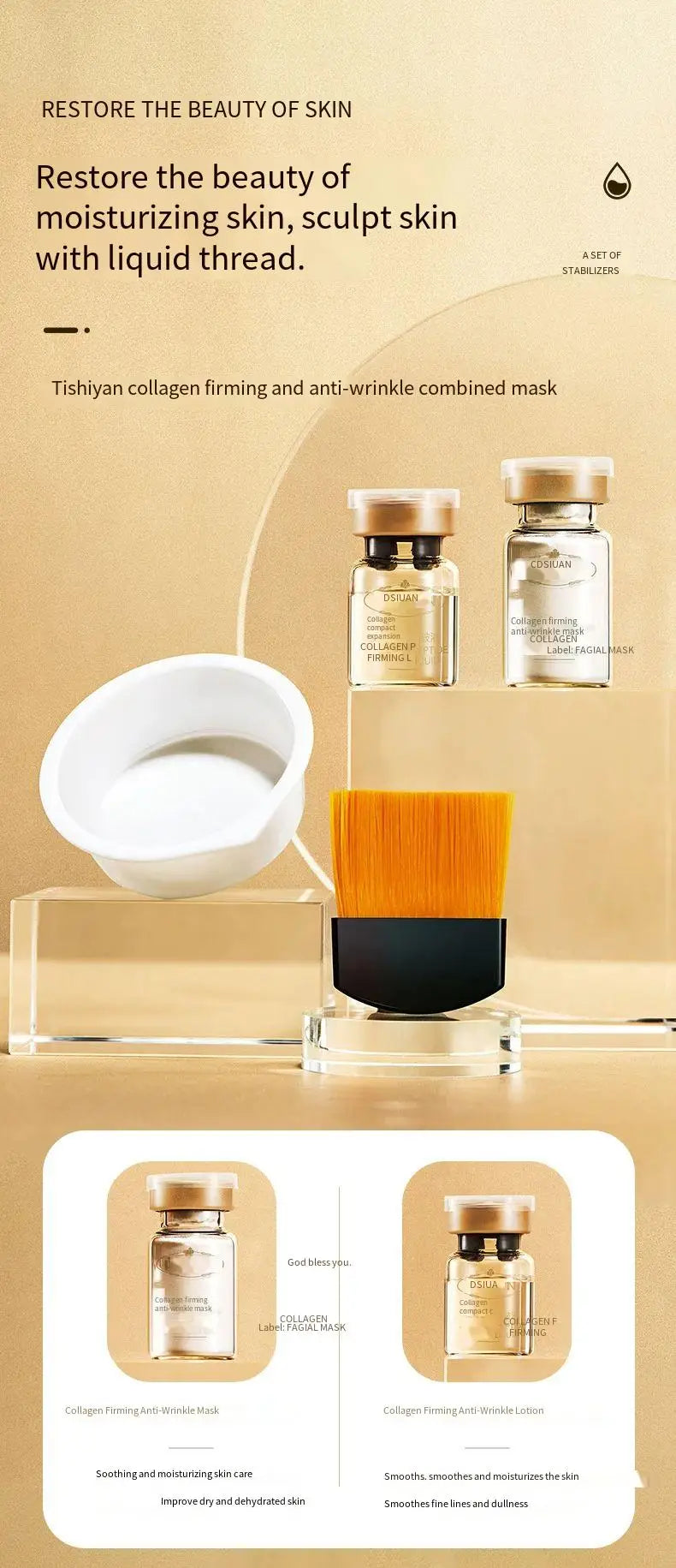 1 Caixa de Máscara em Pó Liofilizado de Peptídeo de Colágeno Set Levanta e Firme o Rosto em V Ácido Hialurônico Clareia, Hidrata e Rejuvenesce a Pele