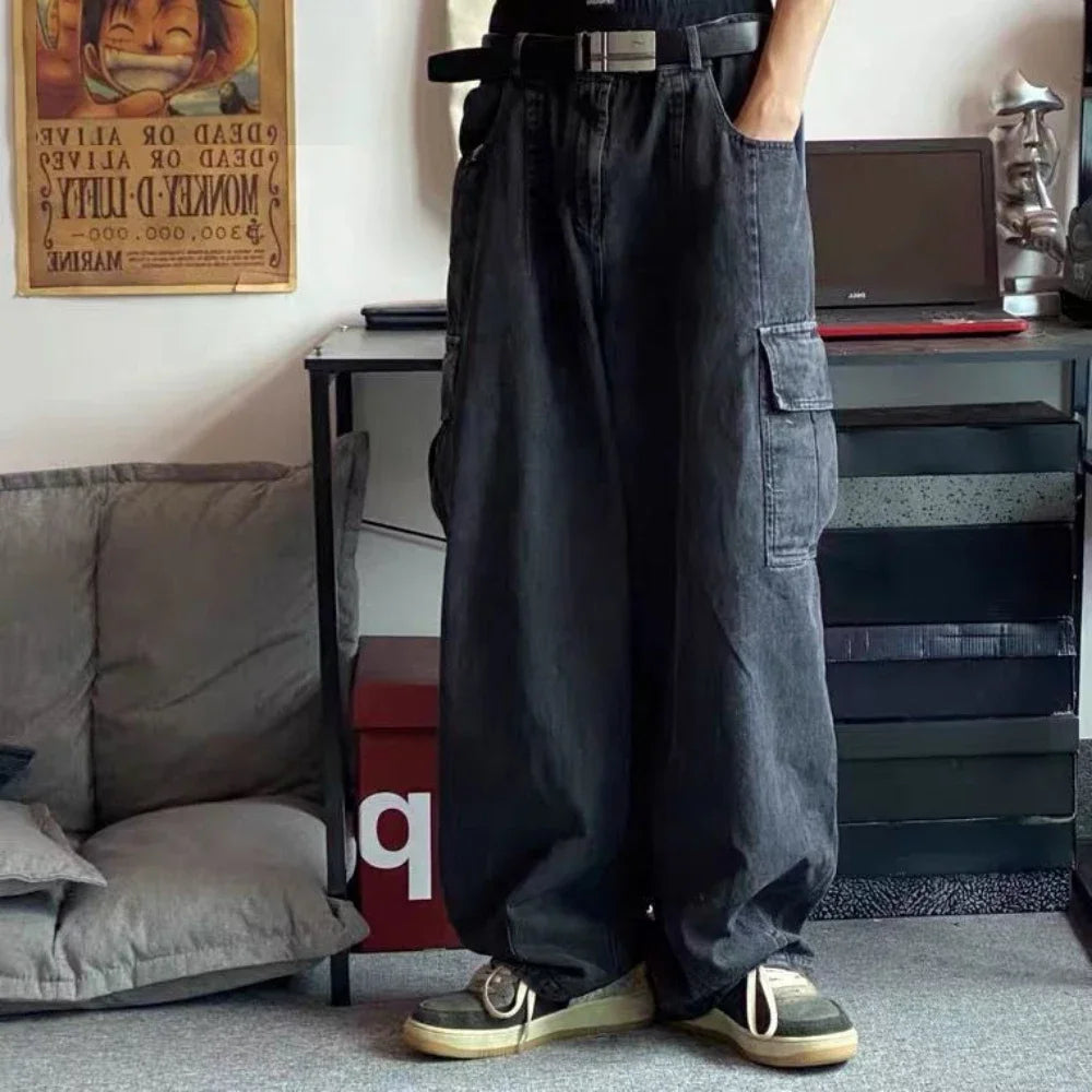 Calças Jeans Largas Calças Jeans Masculinas Calças Pretas de Perna Larga Jeans Masculinos Oversize Cargo Coreano Streetwear Hip Hop Harajuku