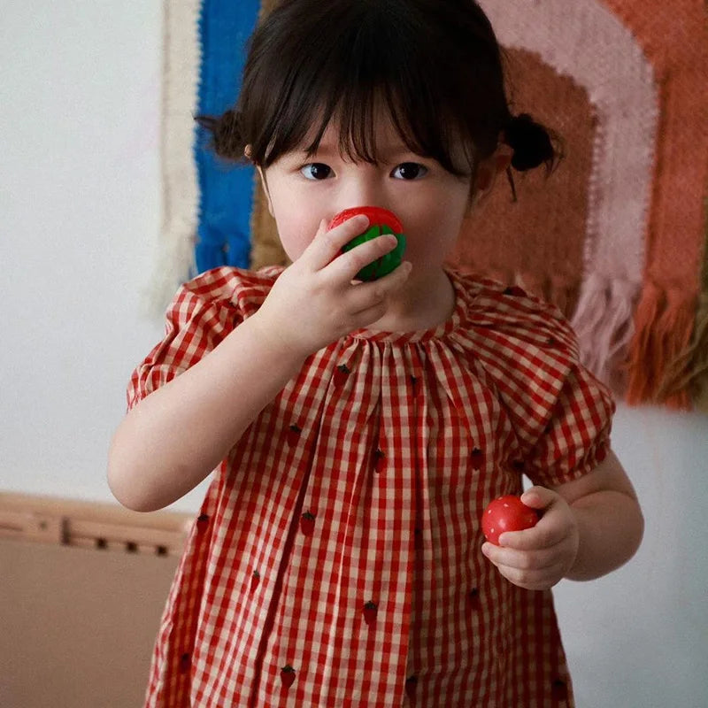 2024 Verão Floess Roupas Infantis Bebê Meninas Vestido de Algodão Xadrez Morango Manga Curta Camisetas Shorts Ternos Roupas Infantis