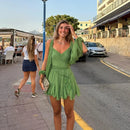 Moda Feminina Chiffon Plissado Lace Up Cintura Alta Mini Vestido Chic Verde Oco Out Manga Cheia A Linha de Vestidos Senhora Vestes de Praia