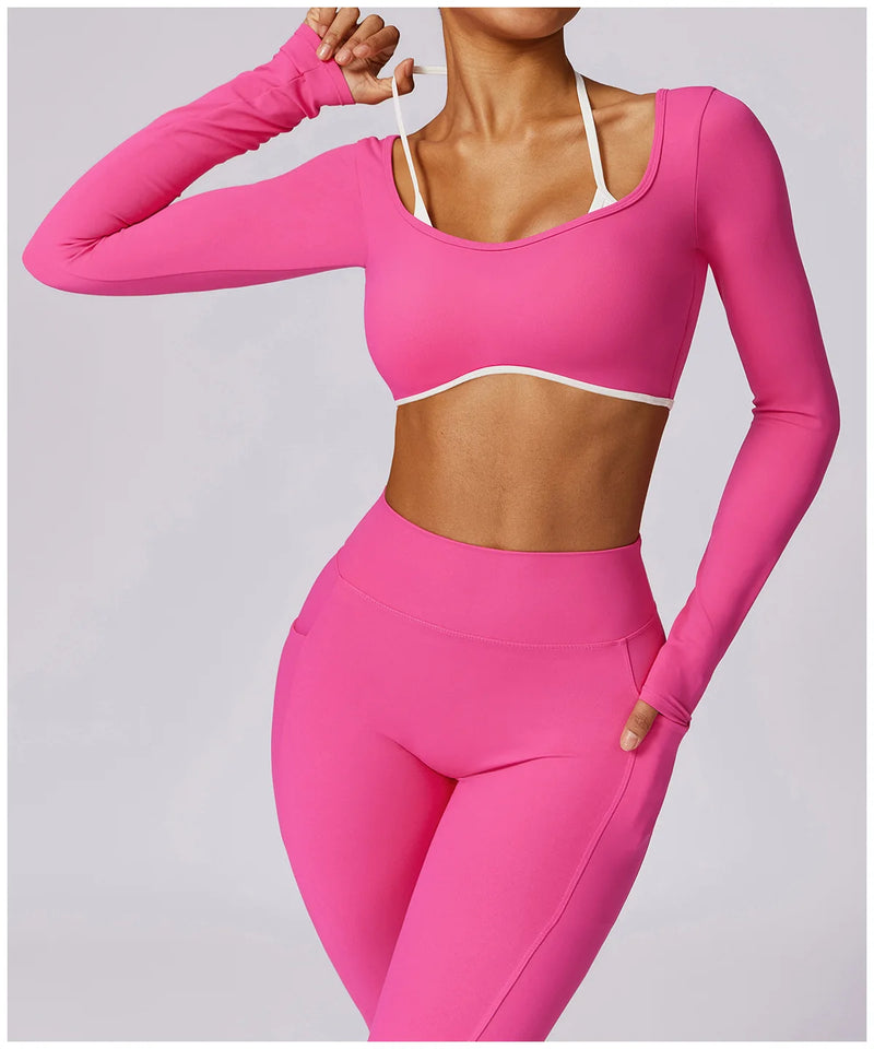 2 Peças Mulheres Treino Conjunto de Ioga Treino Sportswear Roupas de Ginástica Fitness Manga Comprida Crop Top Leggings de Cintura Alta Ternos Esportivos