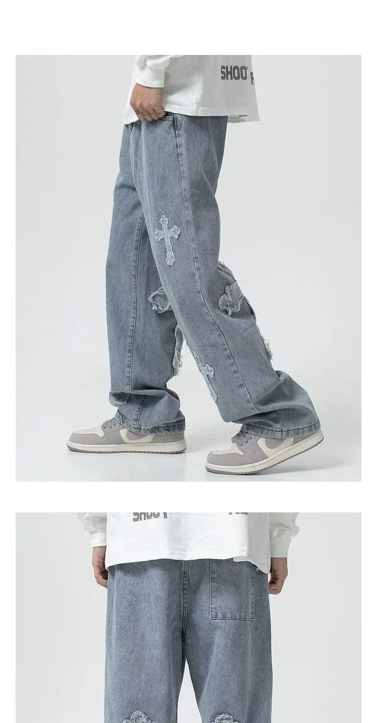 Calças da moda outono calças jeans cruzadas streetwear hip hop cintura baixa jeans largas para coreano Y2k calças cargo femininas