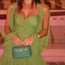 Moda Feminina Chiffon Plissado Lace Up Cintura Alta Mini Vestido Chic Verde Oco Out Manga Cheia A Linha de Vestidos Senhora Vestes de Praia