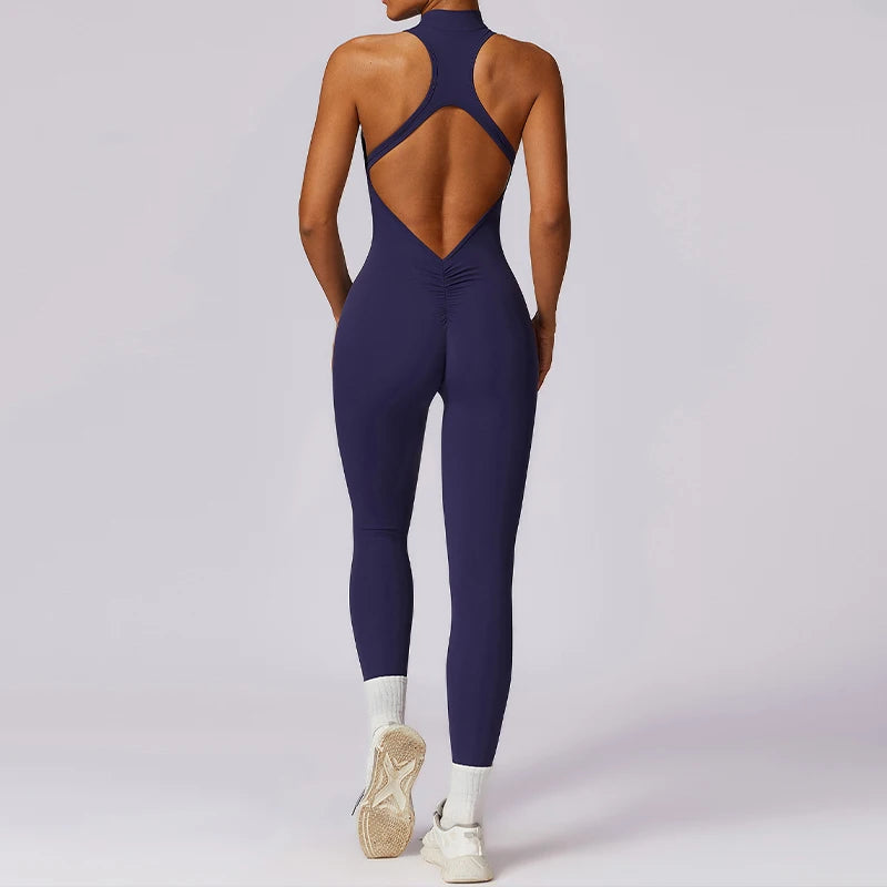 V Voltar Terno De Uma Peça Das Mulheres Macacão Esportivo Zíperes Yoga Macacão Backless Sportswear Mulheres Sleeveles Workout Bodysuits Feminino