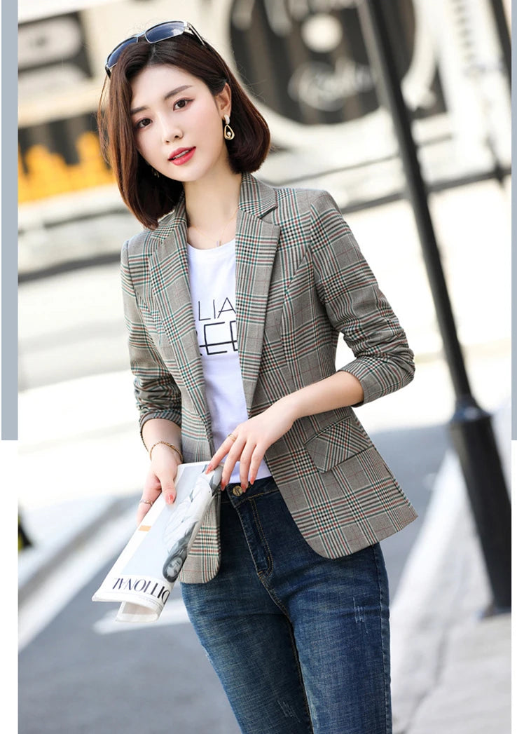 Jaqueta de Blazer Xadrez Listrado Cinza Moda Feminina Casacos Slim Decote em V Único Botão Senhoras Blazers S-XXXXXL