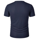 Homens Corrida Esportes Fitness Verão Novo Alto Elástico Listra Vertical Manga Curta Decote em V Slim Fit Malha Inferior Camisa Top