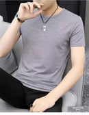 Camiseta masculina de verão estilo coreano Slim Fit de manga curta 140g blusa de poliéster suaviza sua silhueta Cor sólida Camada de base Top