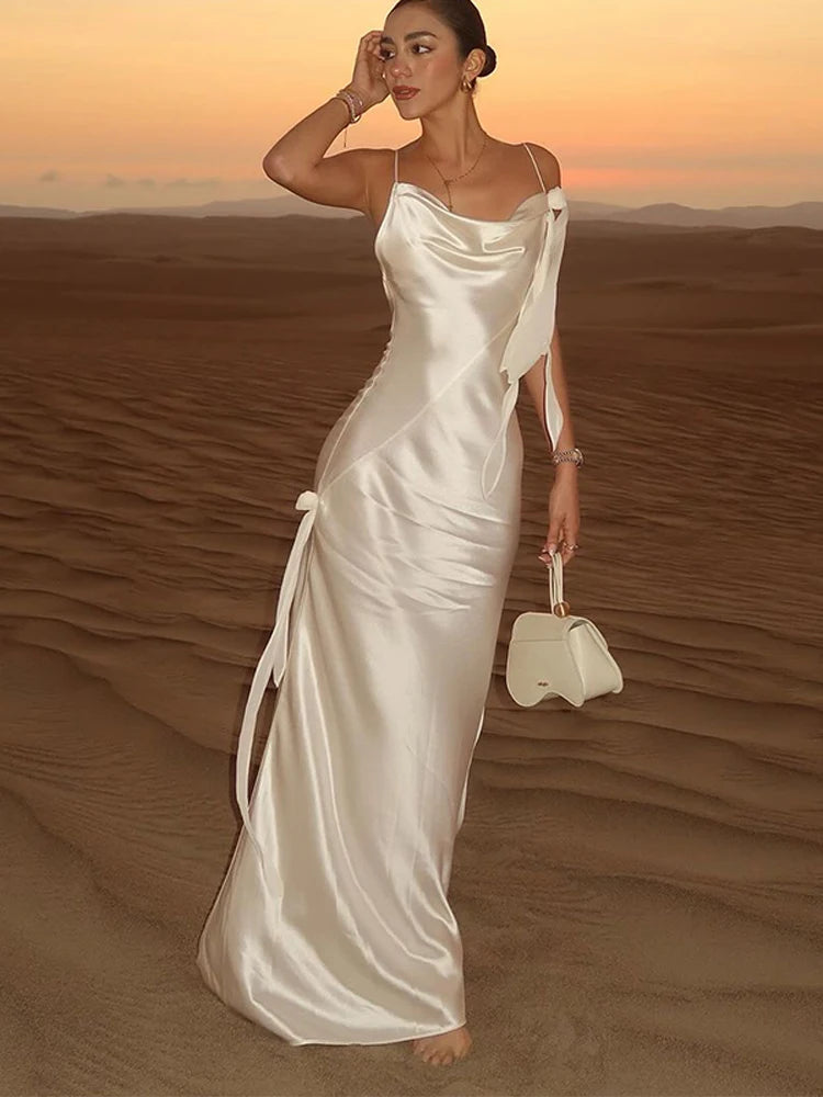 Sexy fita branca de seda cetim estilingue vestido para as mulheres elegante swing colarinho backless vestidos longos 2025 mulheres novo praia férias robe